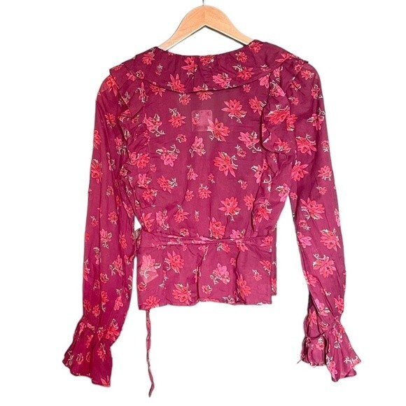 NWT Free People Amanda Ruffle Long Sleeve Wrap Blouse Burgundy Floral Size Small - Picture 4 of 16